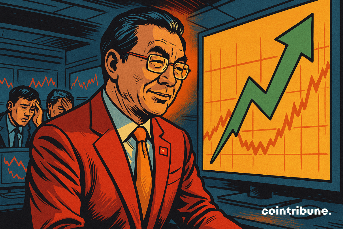 Illustration of a businessman looking at a screen showing a sharply rising green arrow.