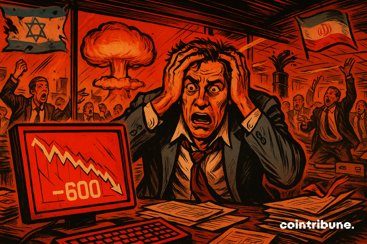 Illustration of a panicked trader holding his head in a chaotic trading room, facing a red screen showing a drop of −600 points.