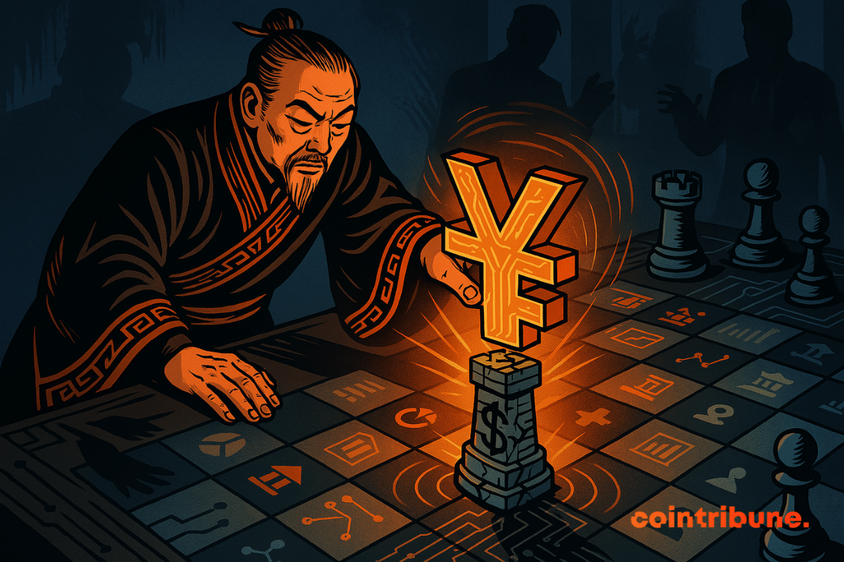hinese strategist manipulating a Yuan coin to crush a tower symbolizing the dollar