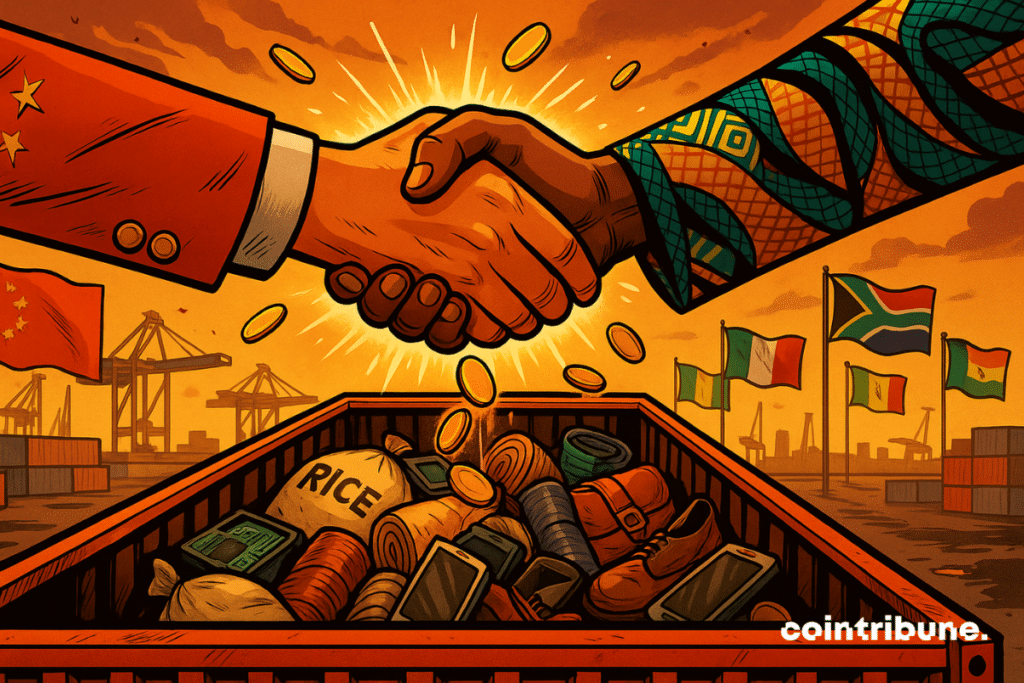 A symbolic handshake between China and Africa over an open container.