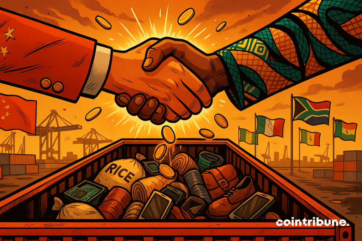 A symbolic handshake between China and Africa over an open container.