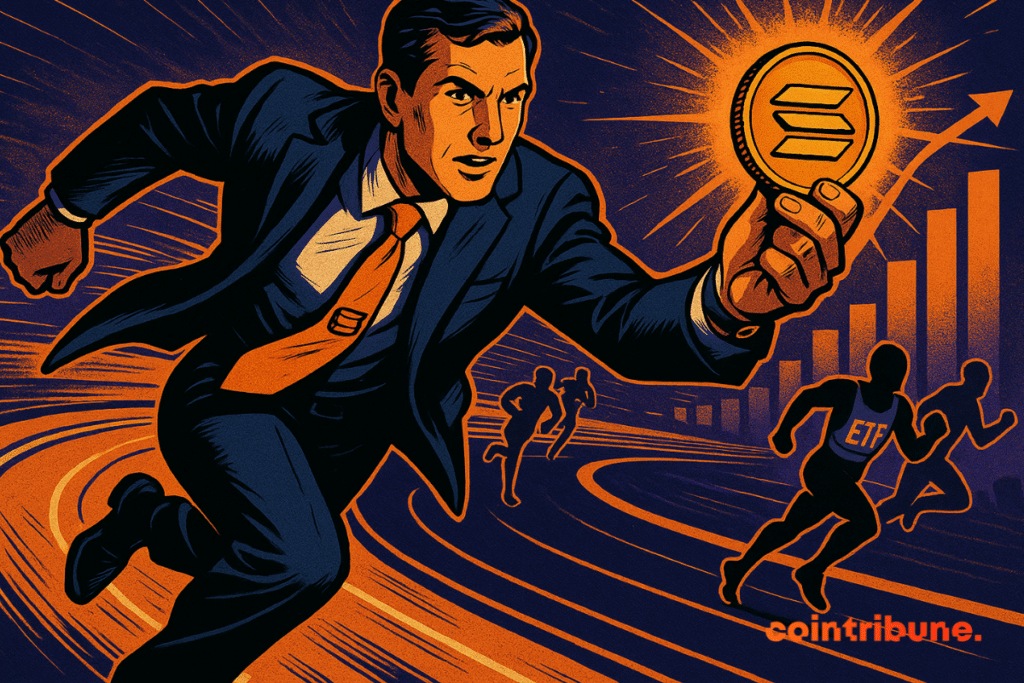 Un agent CoinShare tenant une pièce Solana brillante, courant devant les coureurs d'ETF sur une piste financière.