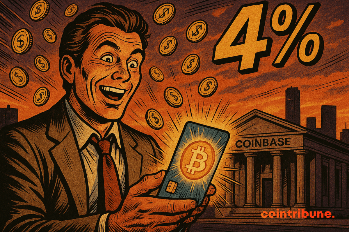 Coinbase user smiling at a 4% Bitcoin reward on his phone.