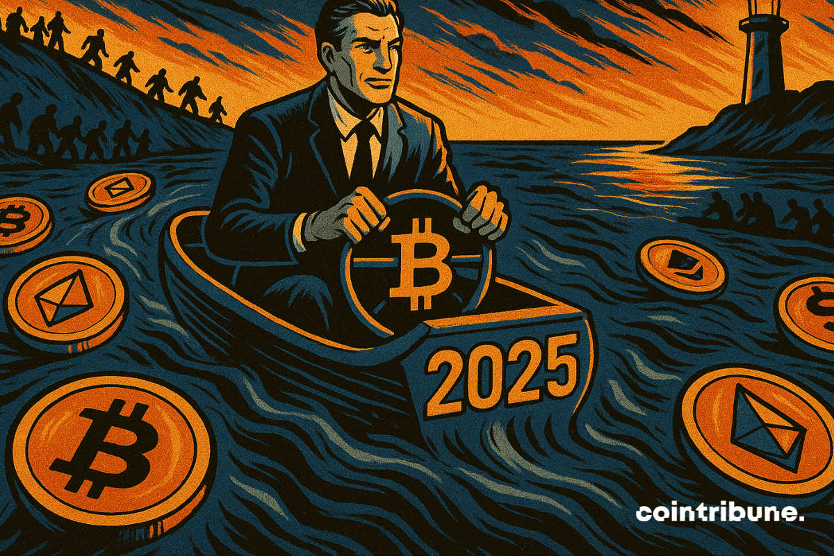 Um comerciante navega em um barco rotulado como "2025" por um rio de criptomoedas brilhantes ao pôr do sol.