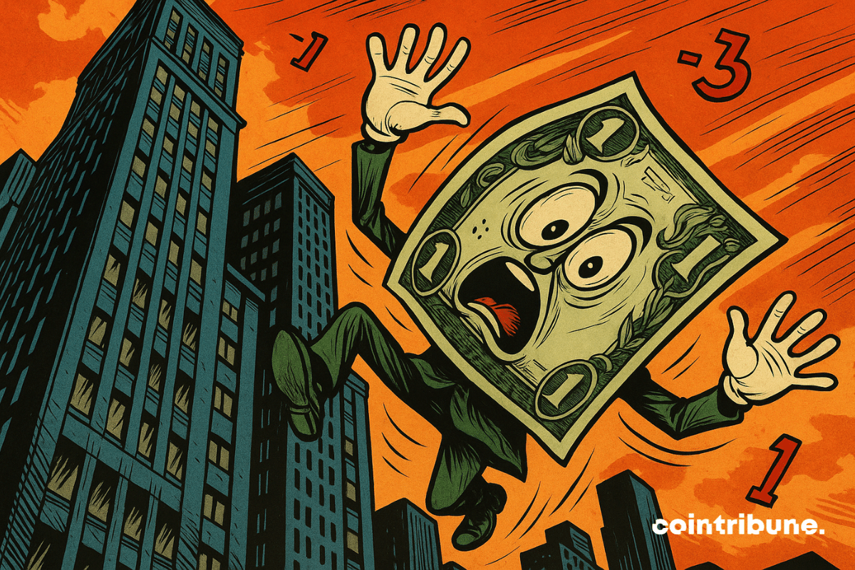 A dollar bill with a panicked face falls upside down from a financial skyscraper (Wall Street).