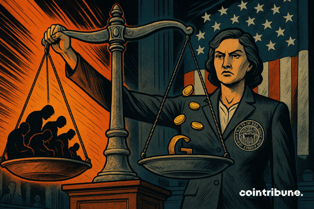 Woman representing the US Fed holding a scale: on one side