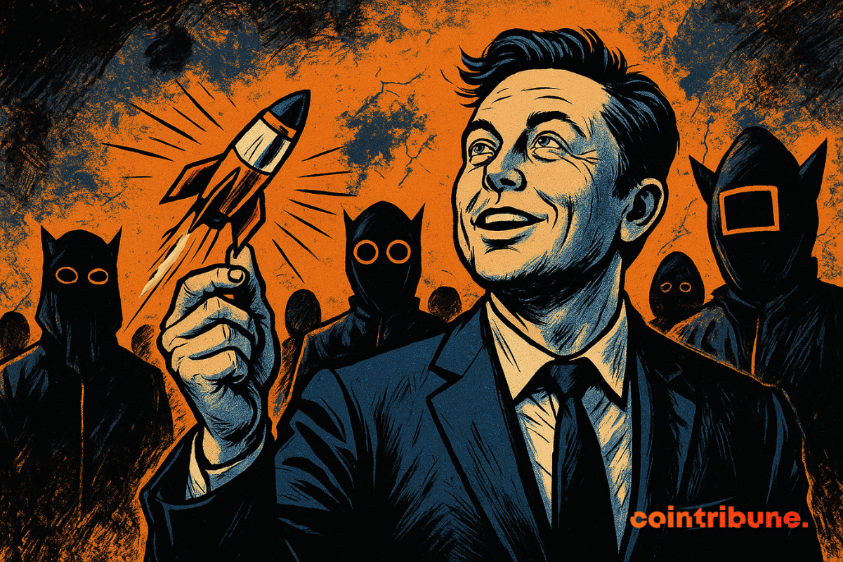 Elon Musk smiling, holding a model rocket, surrounded by masked figures, against a dynamic orange and black background.