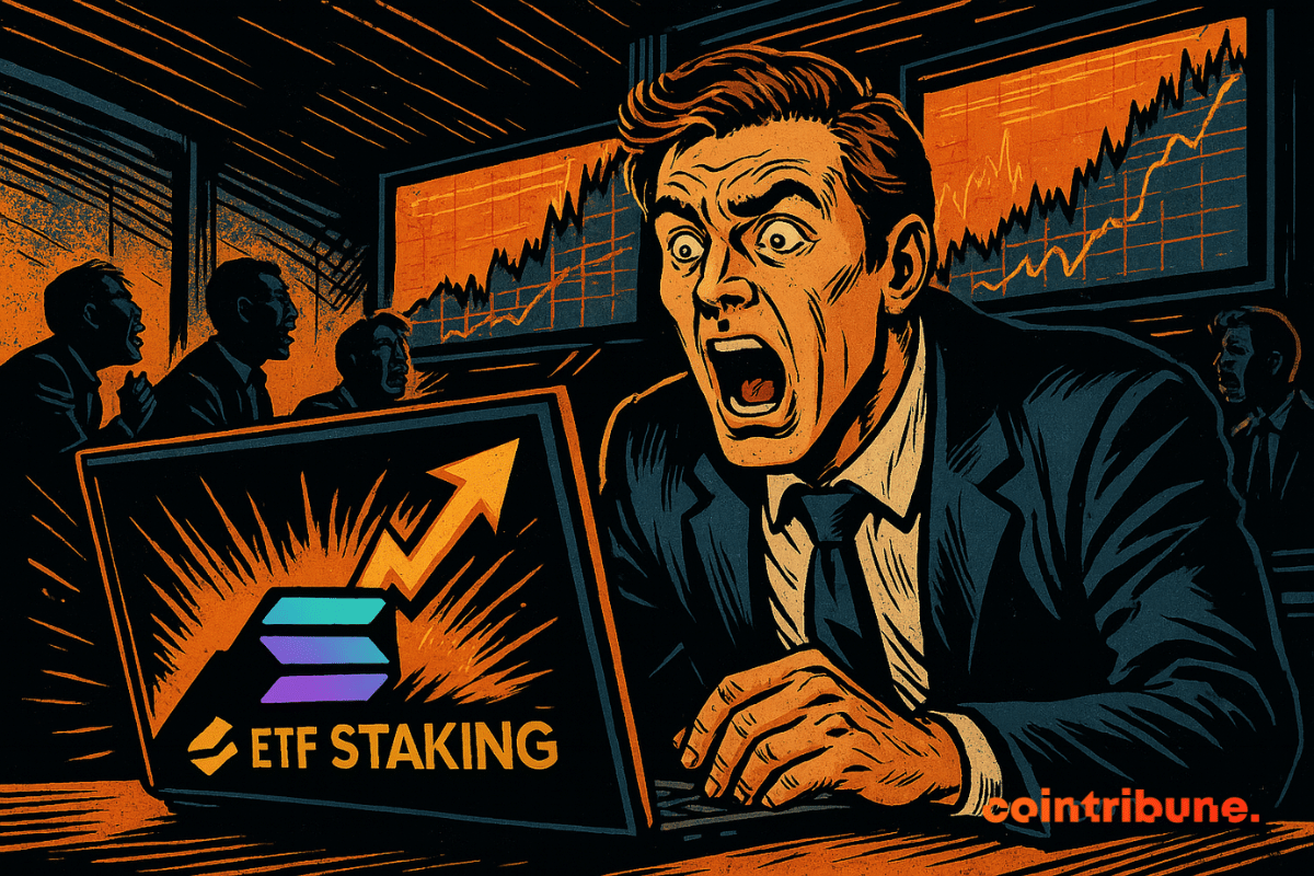 A shocked trader looks at a Solana chart with "ETF STAKING" and a rising arrow, surrounded by colleagues.