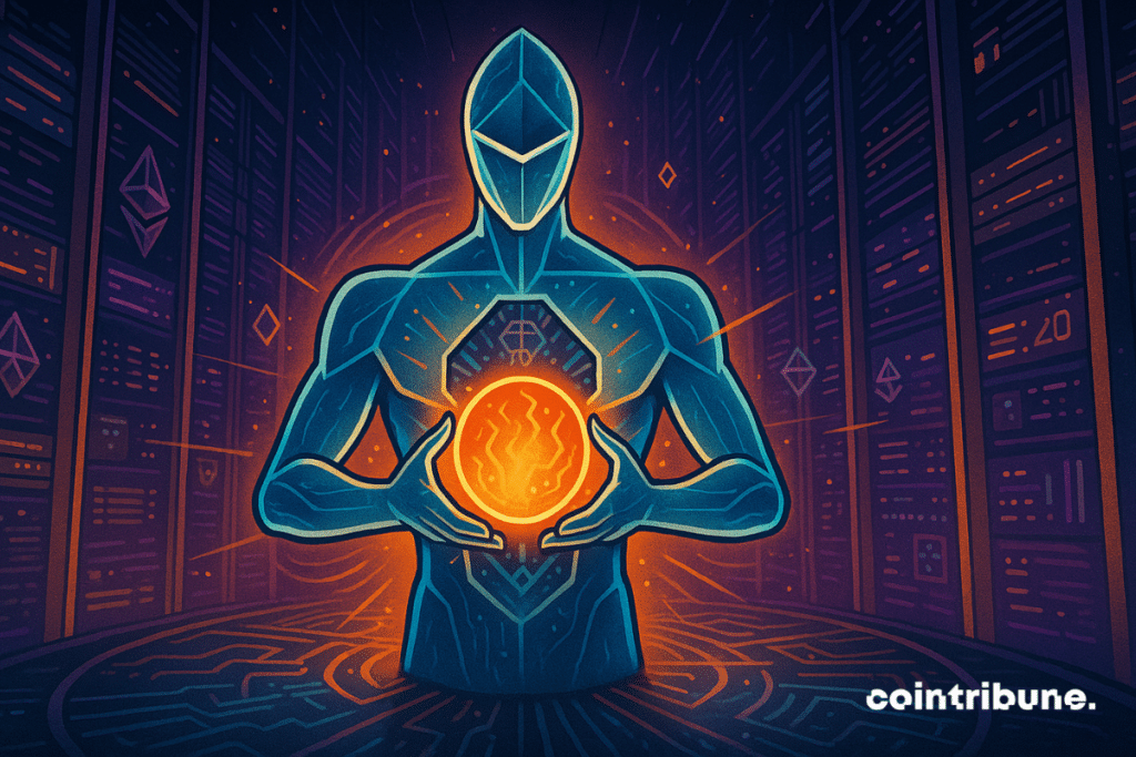 O Ethereum segura em suas mãos uma esfera de energia laranja intensa, pulsante, radiante e estilizada: "Fusaka", personificada como uma fonte de novo poder para a blockchain e sua criptomoeda. Seu torso está mecanicamente aberto (como uma porta com persianas hexagonais), revelando um coração em forma de chip cristalino, com circuitos luminosos.