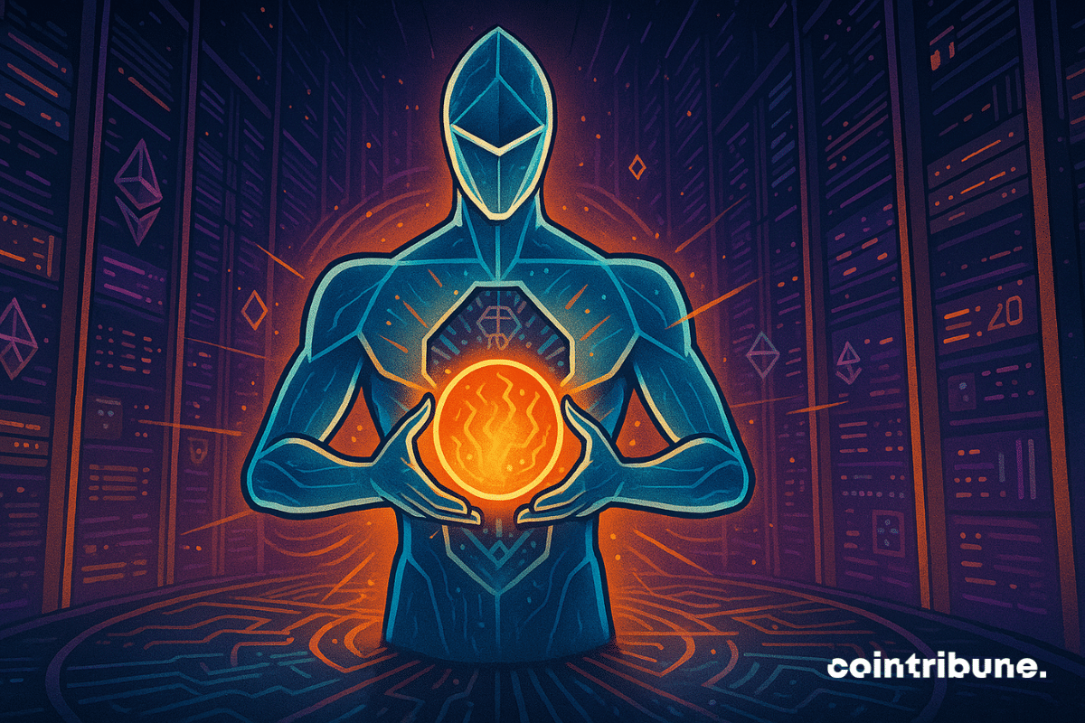 O Ethereum segura em suas mãos uma esfera de energia laranja intensa, pulsante, radiante e estilizada: "Fusaka", personificada como uma fonte de novo poder para a blockchain e sua criptomoeda. Seu torso está mecanicamente aberto (como uma porta com persianas hexagonais), revelando um coração em forma de chip cristalino, com circuitos luminosos.
