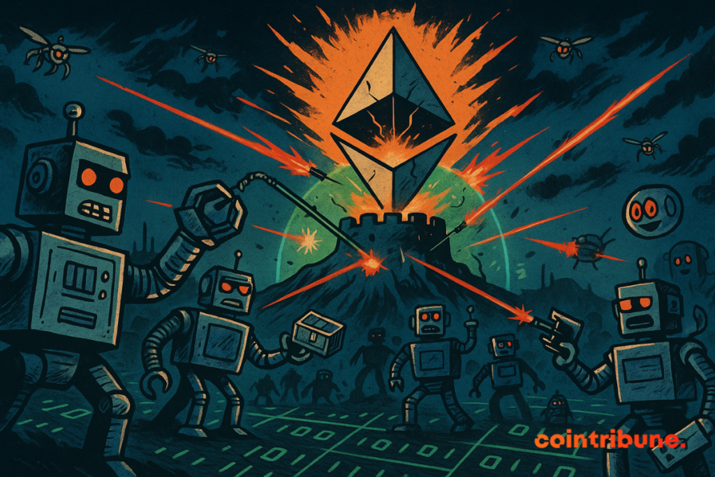 A fortaleza de Ethereum com uma luz laranja brilhante emanando do seu topo. Uma barreira de energia começa a rachar sob o ataque.