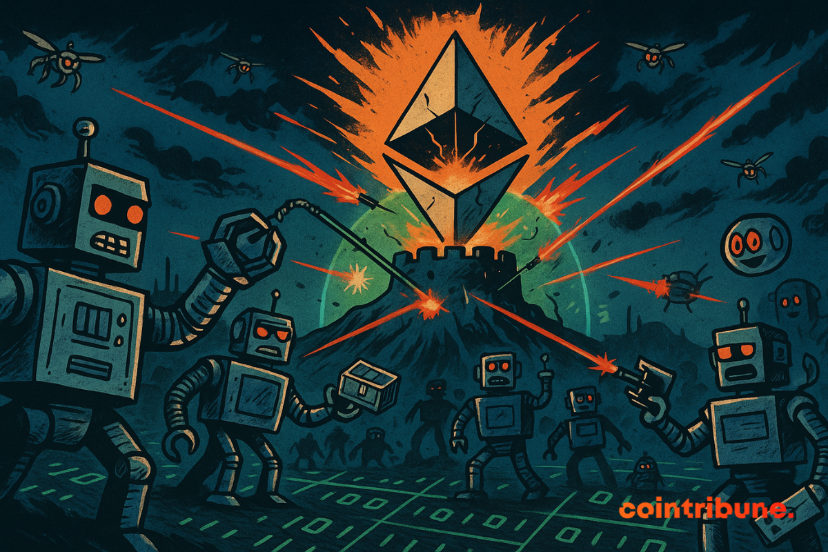 A fortaleza de Ethereum com uma luz laranja brilhante emanando do seu topo. Uma barreira de energia começa a rachar sob o ataque.