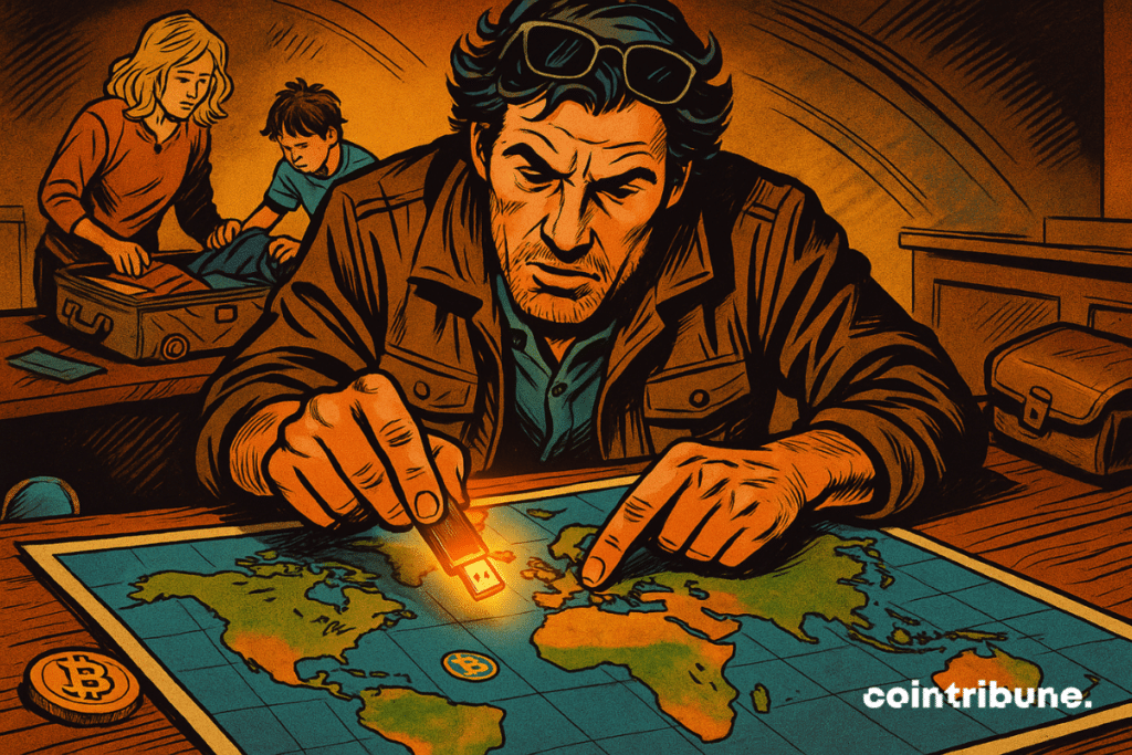 Un padre localiza escondites para sus Bitcoins en un mapa del mundo cachettes pour ses bitcoins sur une carte du monde