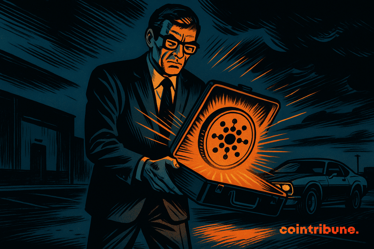 Illustration of a Ford engineer opening a briefcase from which the Cardano blockhain logo emerges.
