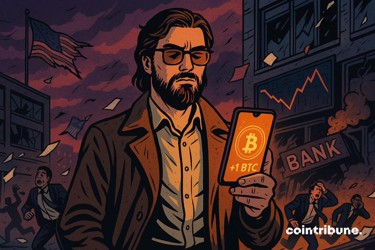 Bitcoin investor on a chaotic street, whose phone displays +1 BTC