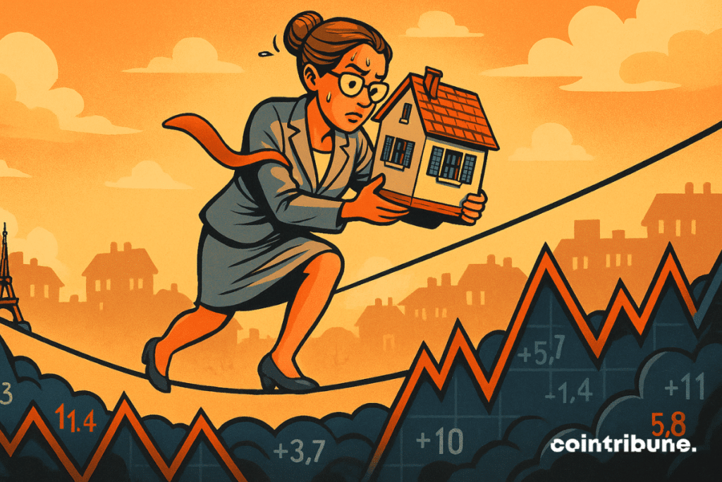 Equilibrista carregando uma casa acima de um mercado imobiliário gráfico na França.