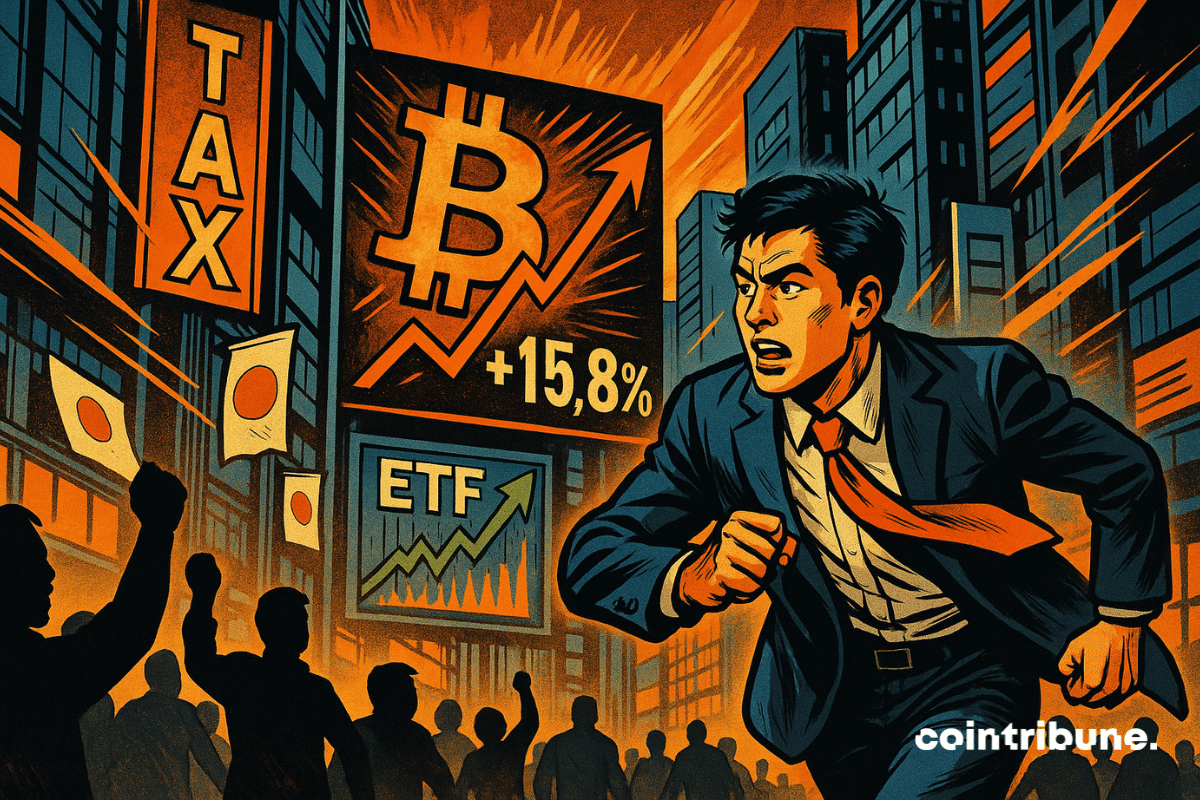 Um investidor japonês corre por Tóquio, empolgado com a ascensão das criptomoedas, cercado por letreiros luminosos e multidões.