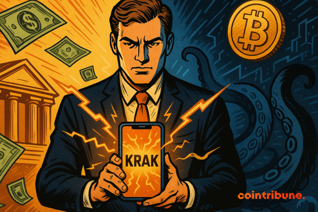 A Kraken user holding a smartphone with "KRAK," surrounded by money and crypto symbols.