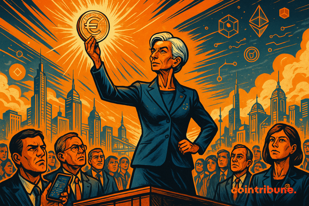 Christine Lagarde holding a glowing euro above a futuristic European cityscape.