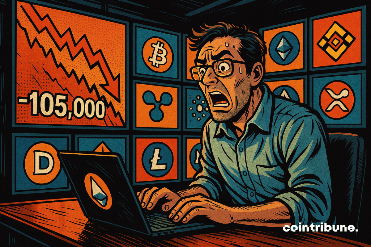 Trader en estado de pánico mirando la pantalla de su ordenador, con placas de logotipos de criptomonedas al fondo