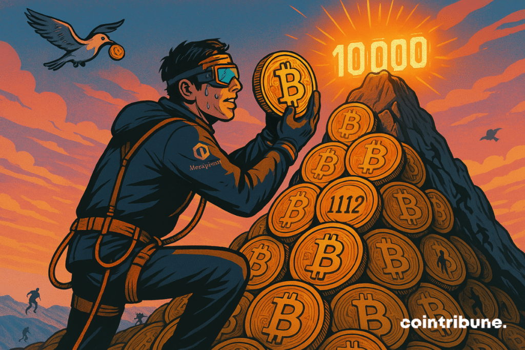Alpinista nerd deixa cair uma moeda de bitcoin no topo de uma montanha
