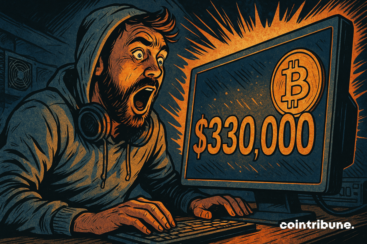 Individu stupéfait devant un écran au logo de bitcoin avec un chiffre 330 000 $