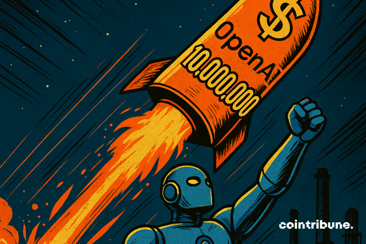 A humanoid robot propels a flaming missile marked with the symbol "$," the name "OpenAI," and the record number.