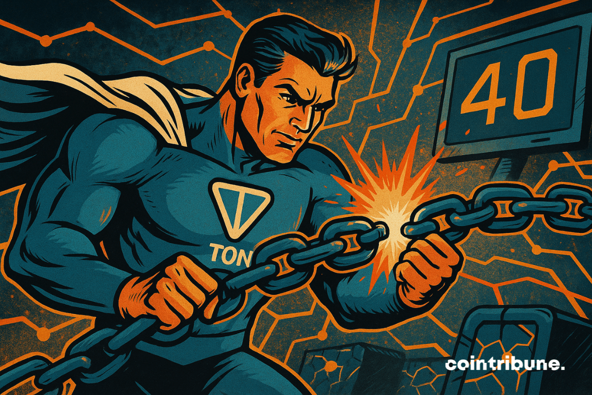 Superhero in TON logo jumpsuit repairing a chain