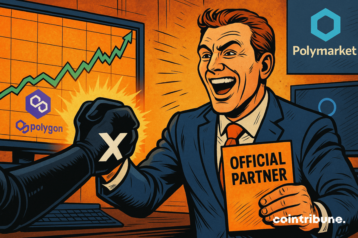 Handshake between a representative of Polymarket and X, with a screen showing Polygon's rise in the background.