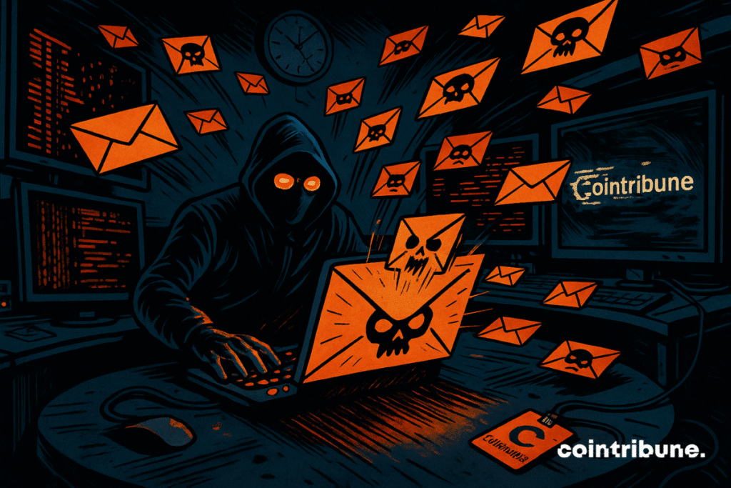 Un hacker sentado frente a una enorme consola digital semicircular, llena de pantallas y botones luminosos. Cientos de boletines estilizados en forma de sobres, con pequeñas calaveras o rostros deformados, salen disparados de la consola como proyectiles, volando sobre su cabeza, simbolizando el ataque de phishing contra Cointribune.