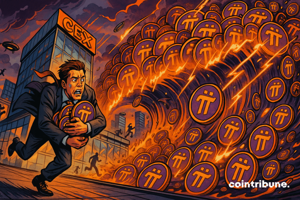 A crypto trader holds a stack of gold and purple Pi Network coins at arm's length. He runs fast down an open hallway, trying to escape the wave.