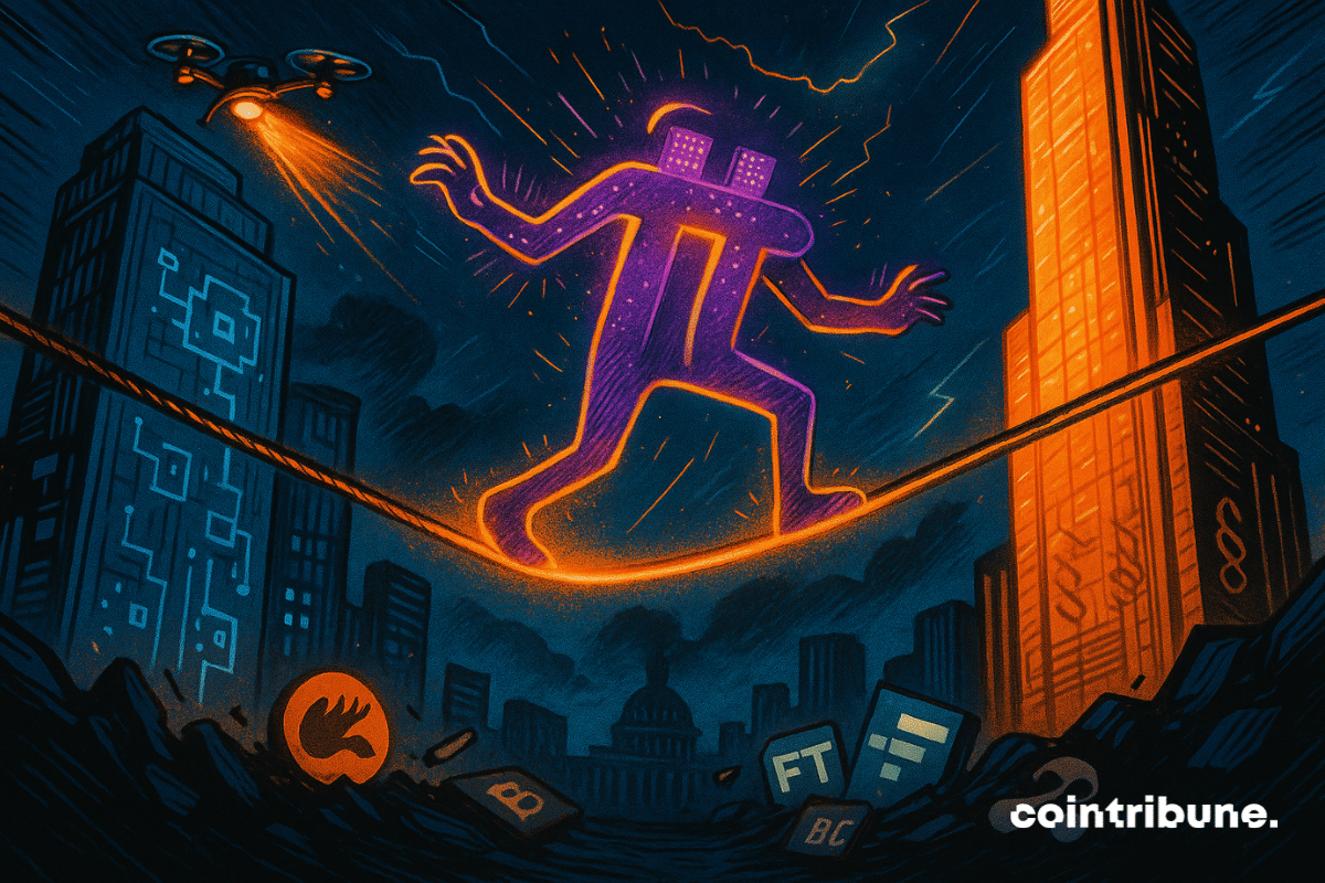 The Pi Network (π) crypto logo is personified as someone trying to balance on a tightrope suspended between two futuristic buildings.