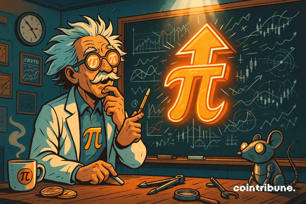 O pesquisador em frente ao símbolo criptográfico Pi transformado.