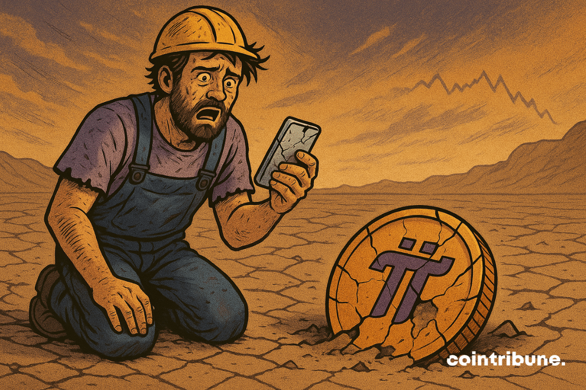 A mobile mining specialist in crypto workwear, holding his cracked phone.