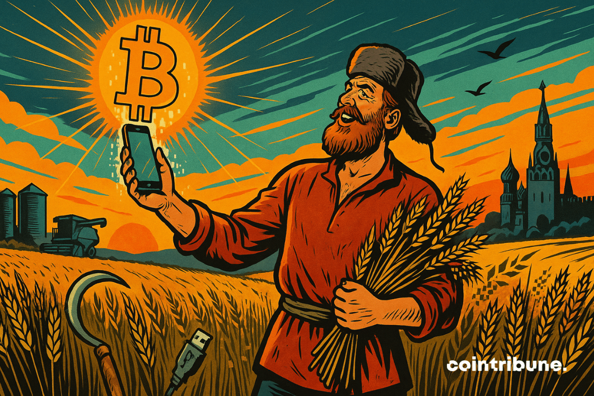 En un campo de trigo dorado al atardecer, un agricultor ruso levanta un teléfono inteligente y revela un holograma criptográfico con forma de Bitcoin flotando sobre el dispositivo.