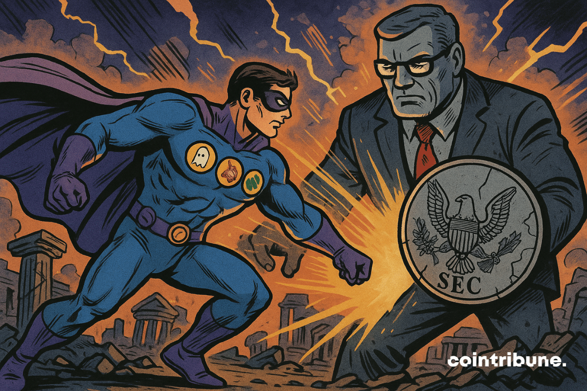 Um homem com uma fantasia de super-herói combate um homem que baisse son bouclier