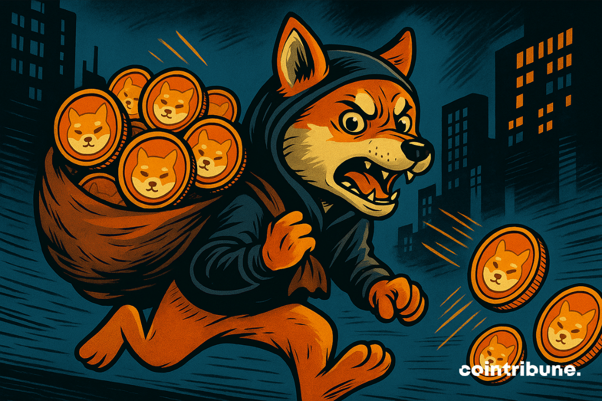Shiba Inu antropomorfizado huyendo con una bolsa llena de monedas SHIB