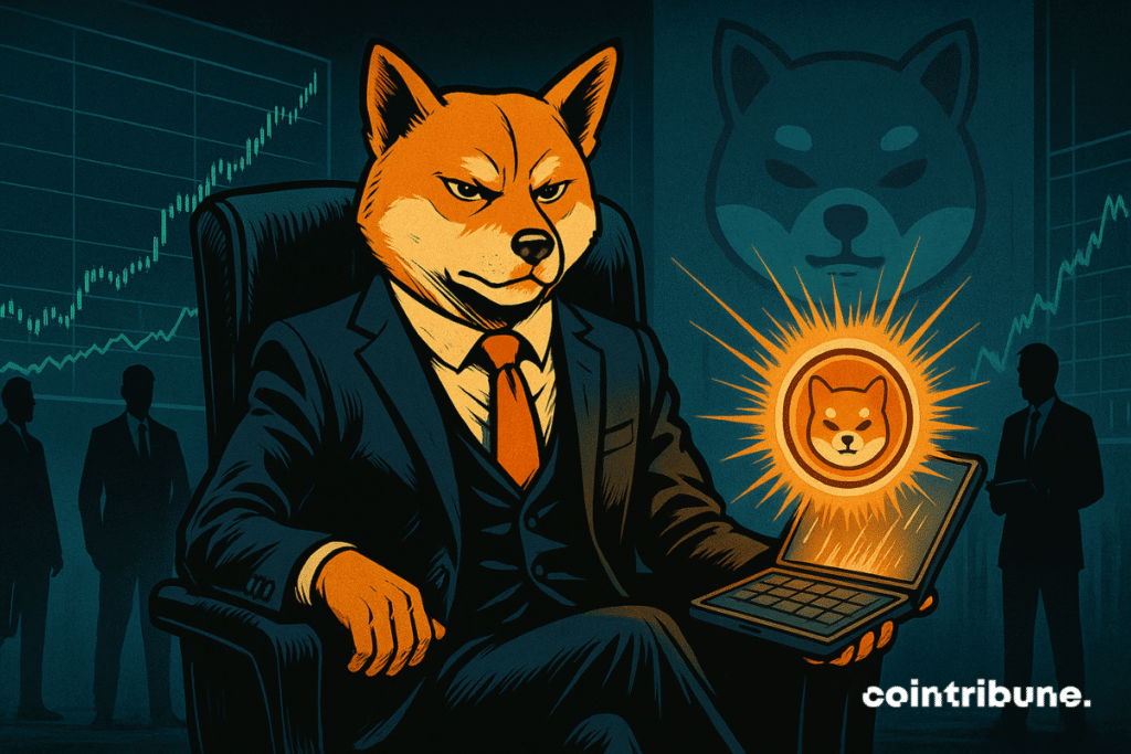 A symbolic anthropomorphic Shiba Inu, embodying the SHIB token, seated authoritatively in a large CEO-style armchair, one leg crossed, one hand resting calmly on the armrest, the other holding an open, stylized crypto wallet glowing with light.