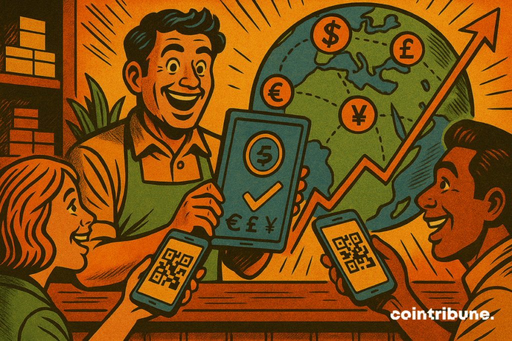 Illustration of a smiling trader wearing a green apron holding a tablet displaying the blue USDC crypto and currency symbols.