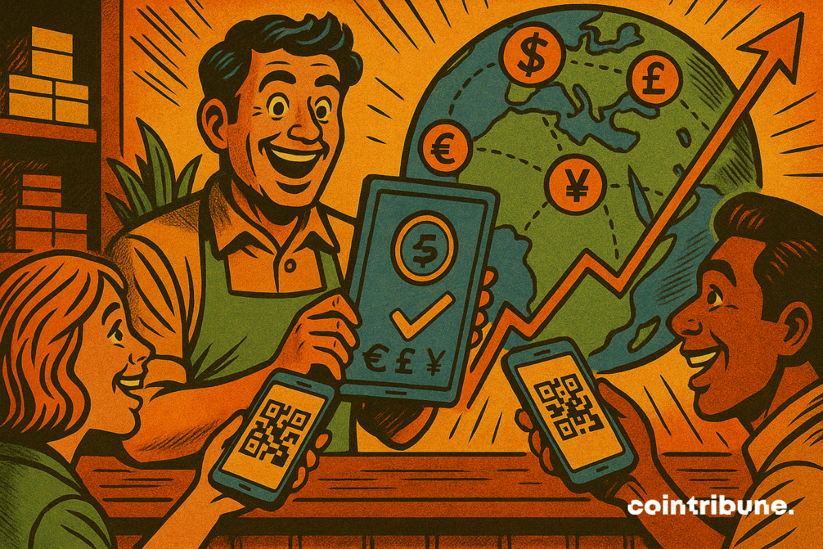 Illustration of a smiling trader wearing a green apron holding a tablet displaying the blue USDC crypto and currency symbols.