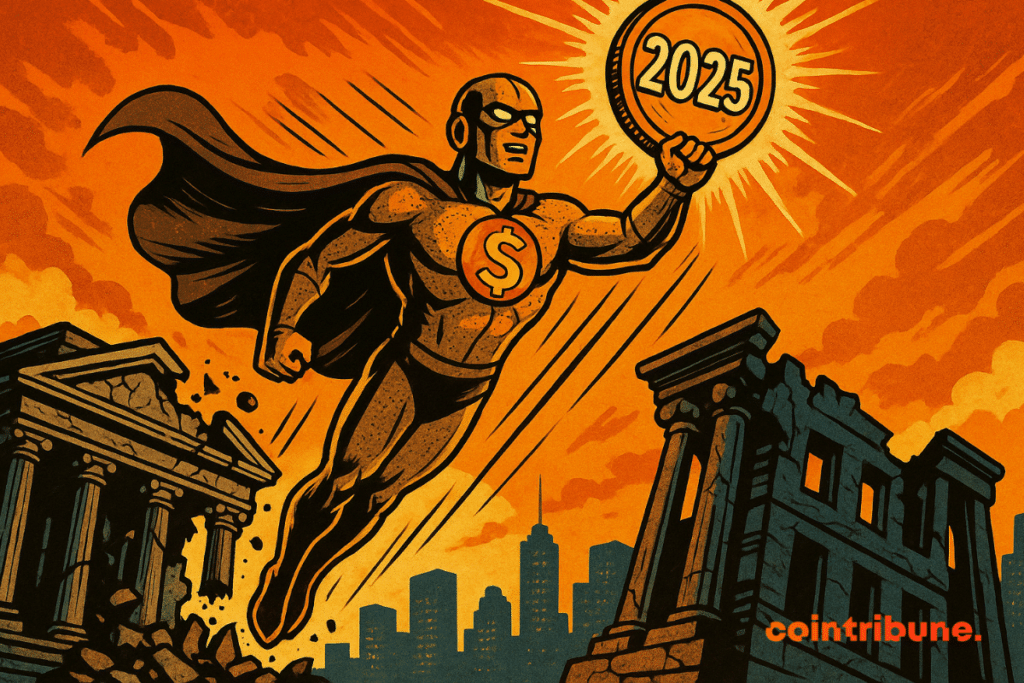 Stablecoin with a dollar sign lifts a "2025" coin over a crumbling bank.