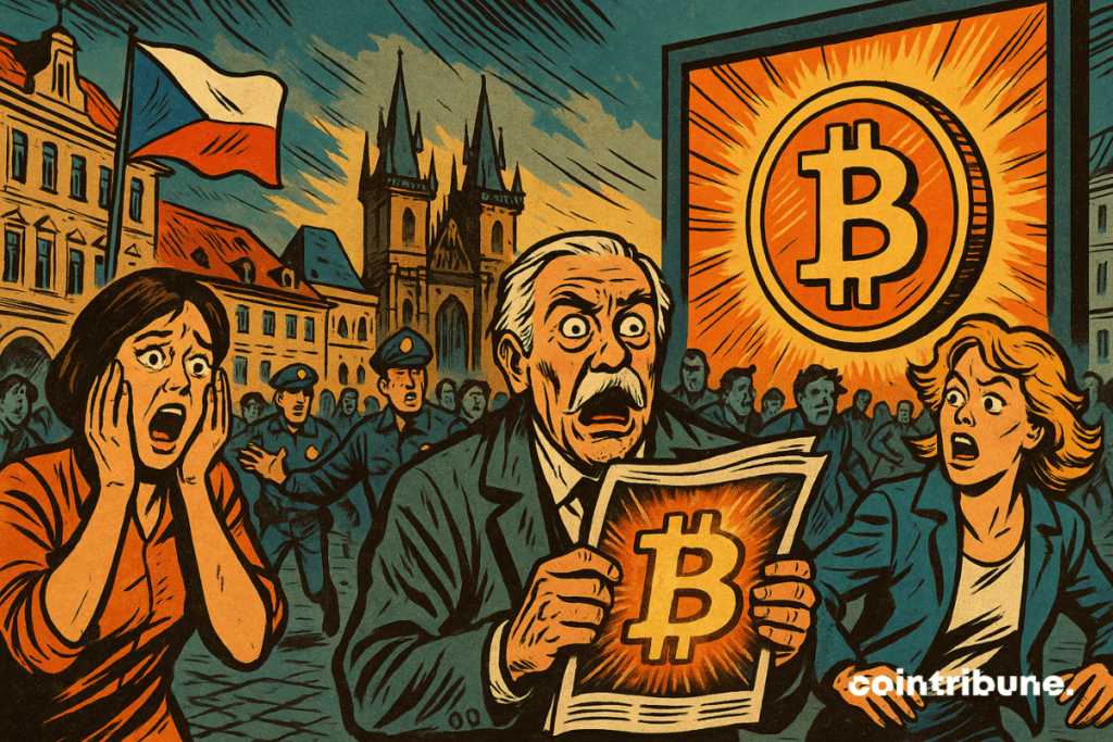 Multidões se reúnem em uma rua de Praga, com um velho na frente segurando um jornal com o logotipo do Bitcoin