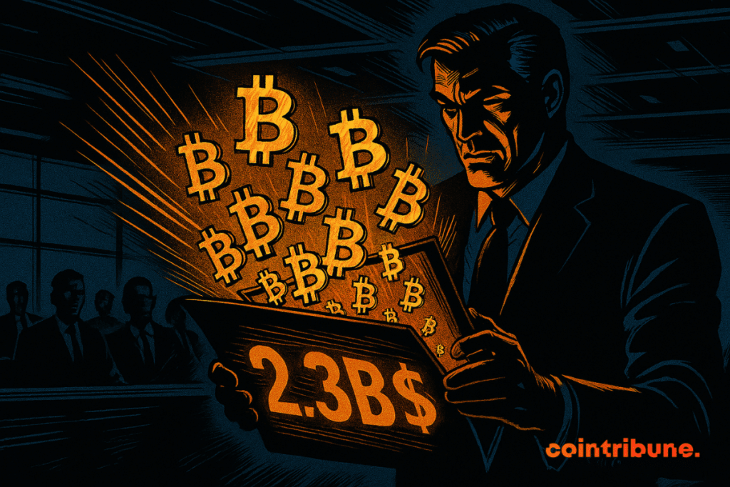 Um empresário de terno segura uma carteira aberta, com Bitcoins flutuando e o número “.3B” brilhando em laranja, criando uma atmosfera dinâmica e intensa, simbolizando uma importante decisão financeira.