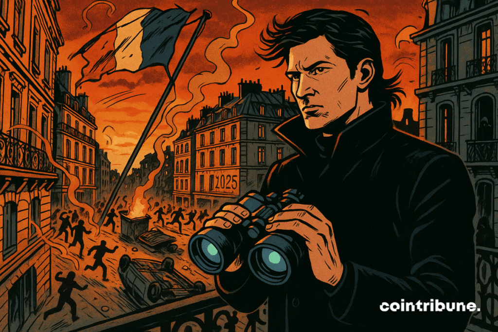 A brooding man, referencing Telegram, watches a chaotic Parisian street from a Haussmann-style balcony at sunset.