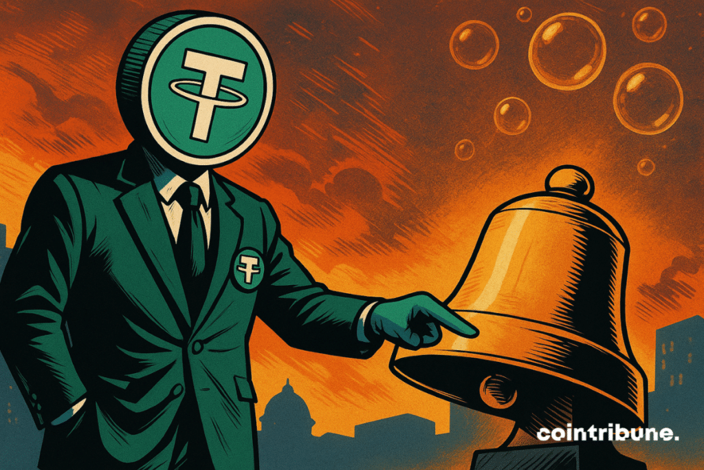 Tether crypto in human form, wearing a three-piece suit and a “T” insignia.