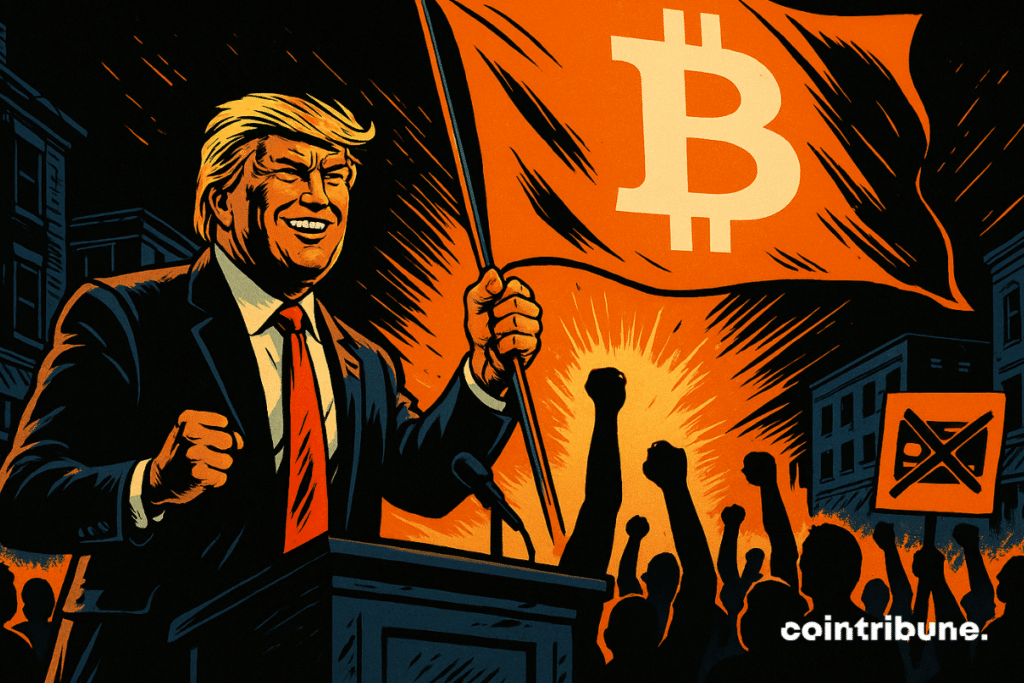 Trump avec le drapeau Bitcoin, les banques barricadées derrière.