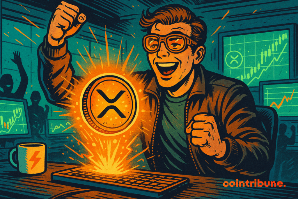 Negociador de criptomoedas feliz comemorando em uma sala futurista enquanto uma moeda XRP brilhante flutua acima do teclado.