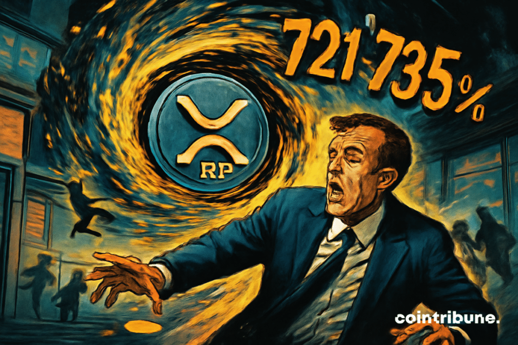 A cryptocurrency investor, a middle-aged man dressed in a dark suit, stands frozen at the edge of the vortex, looking at the scene with an expression of panic and confusion. He is completely caught in the moment, unsure of what to do.