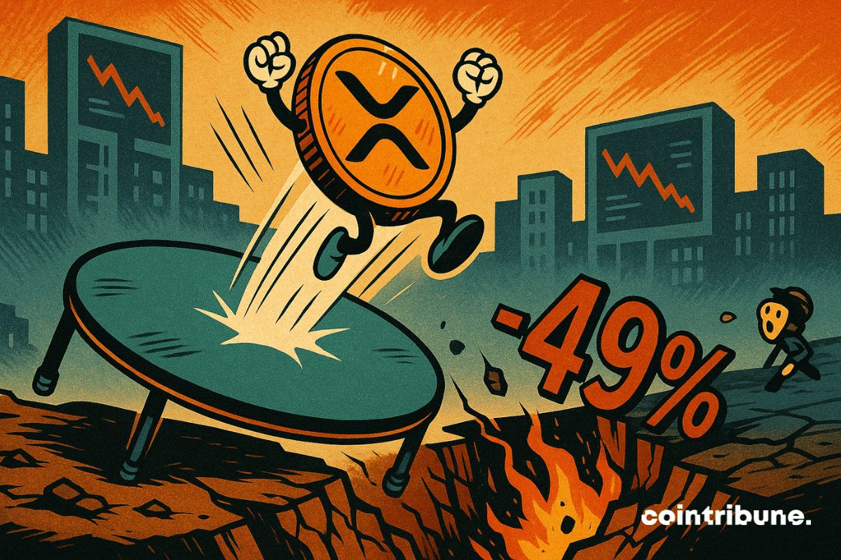 A trampoline with an XRP crypto coin rising into the air, while the ground collapses