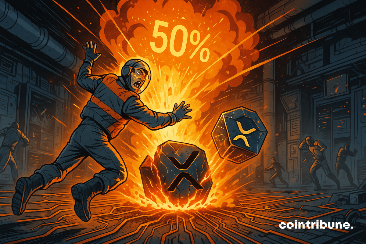 A crypto technician is thrown backward by an energy wave emanating from the ground. On the ground, a gigantic XRP logo made of stylized metal, split and illuminated from within, spits out blazing data lines and arcs of orange energy. A floating "50%" in digital numerals is projected above, like an unstable hologram.